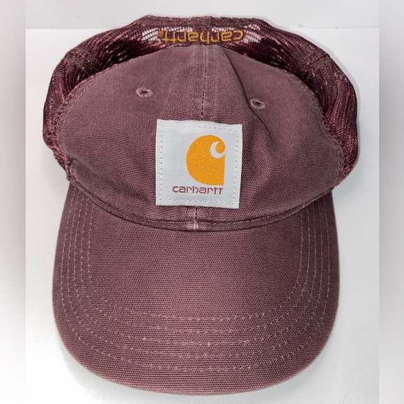Carhartt Washed Canvas Trucker Hat Burgundy | Mesh Back Adjustable Cap - Picture 7 of 7